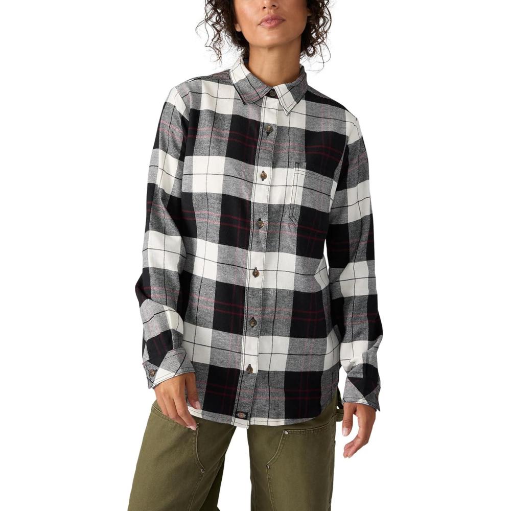 image:imageDickies Womens Plaid Flannel Long Sleeve ShirtBlackEgret