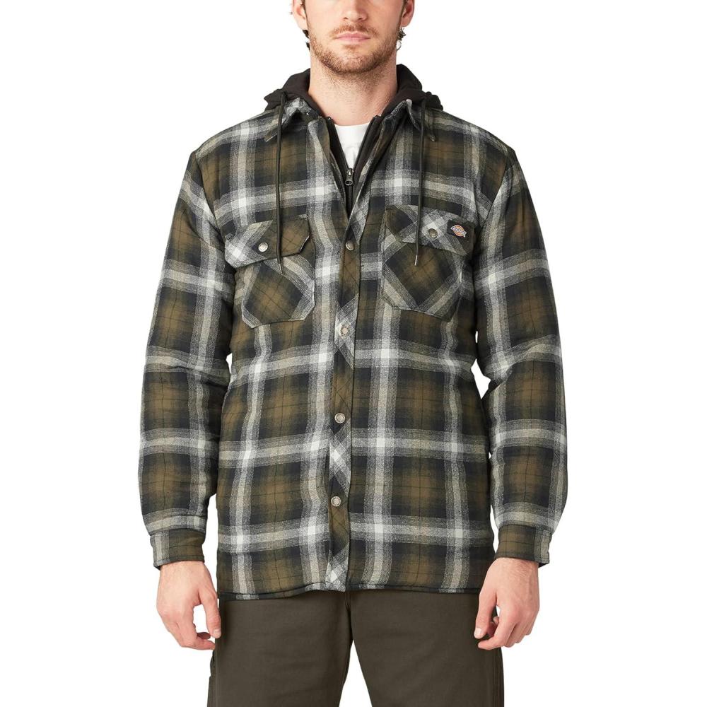 image:imageDickies mens Relaxed Fleece Hooded Flannel Shirt JacketBlackDark OliveAntique White Ombre