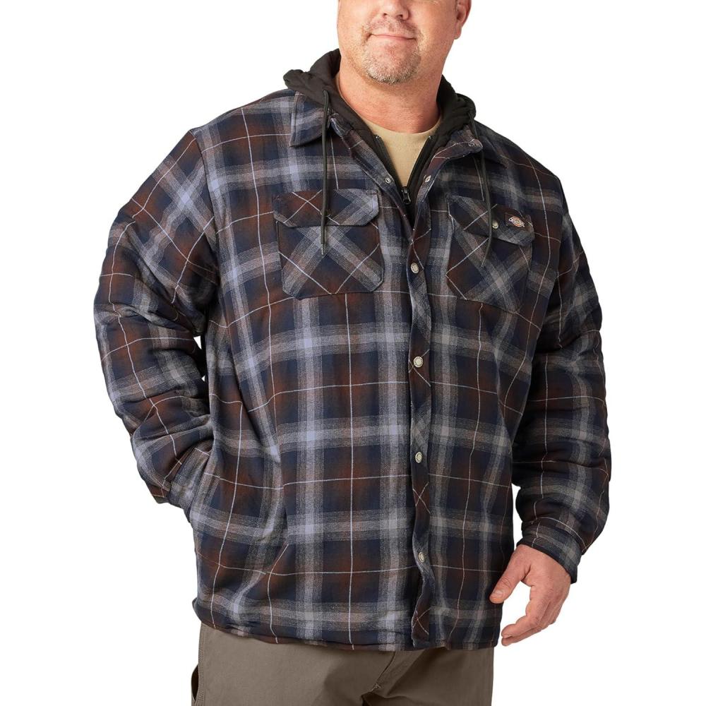 image:imageDickies mens Relaxed Fleece Hooded Flannel Shirt JacketInk NavyChocolate BrownClear Blue Ombre
