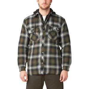 Dickies mens Relaxed Fleece Hooded Flannel Shirt Jacket(Black/Dark Olive/Antique White Ombre)