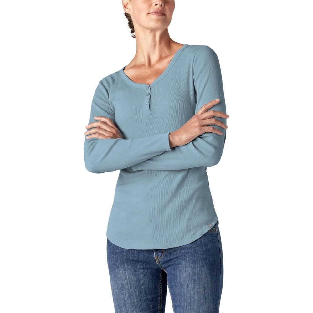 image:imageDickies Womens LongSleeve 3Button Henley ShirtBlue