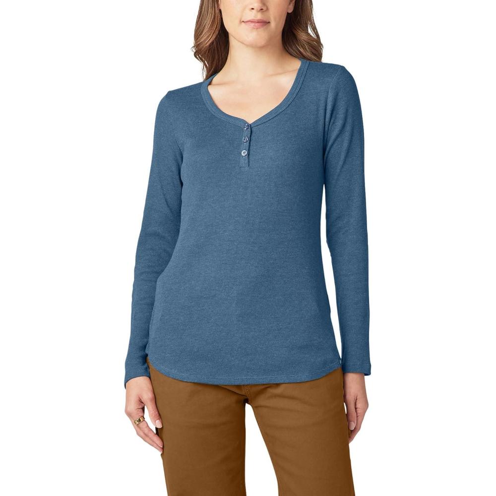 image:imageDickies Womens LongSleeve 3Button Henley ShirtDark Denim