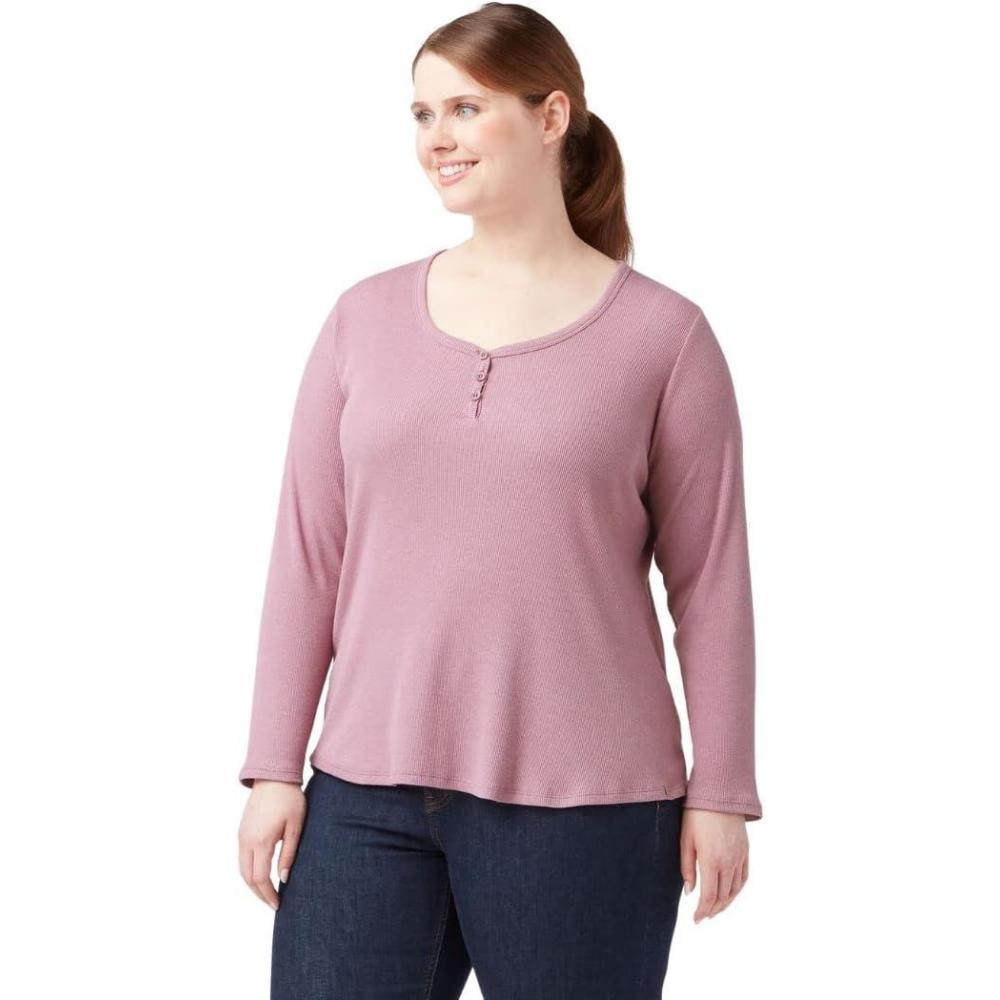 image:imageDickies Womens LongSleeve 3Button Henley ShirtDusky Orchid Single Dye V1