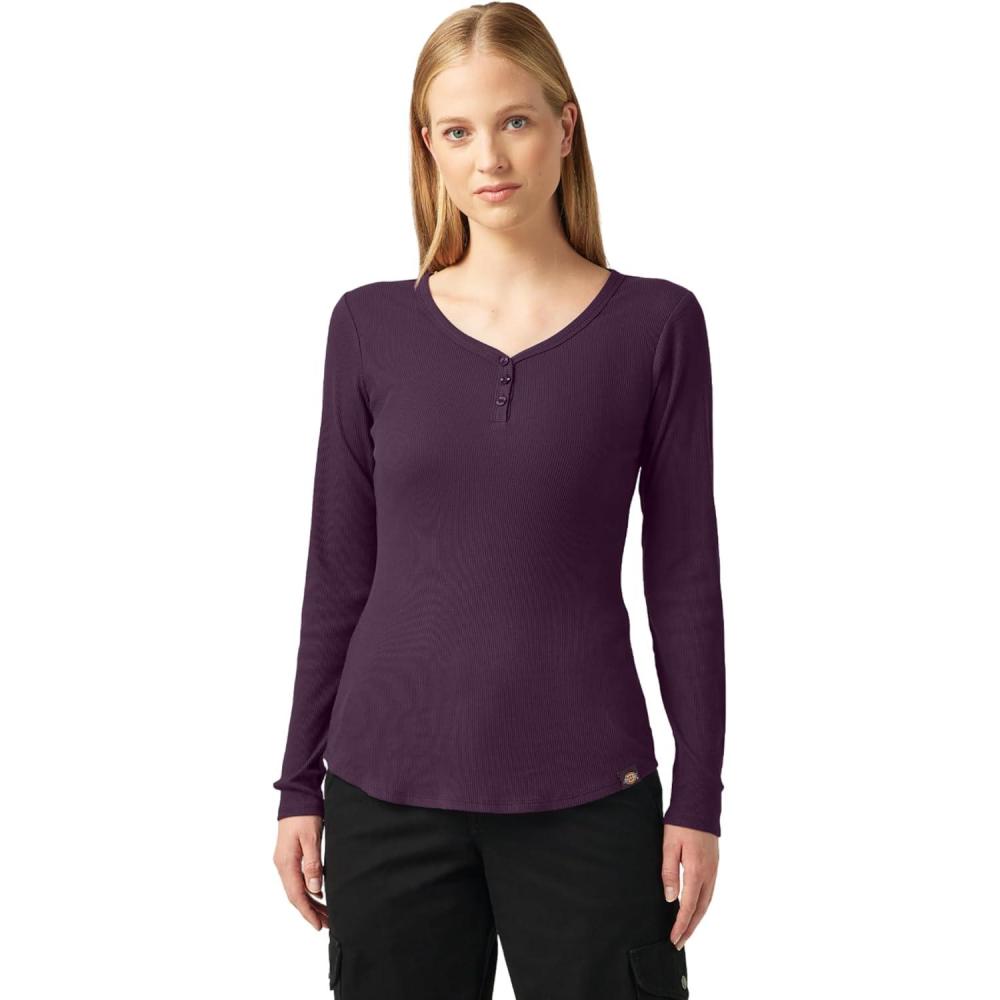 image:imageDickies Womens LongSleeve 3Button Henley ShirtPlum Perfect