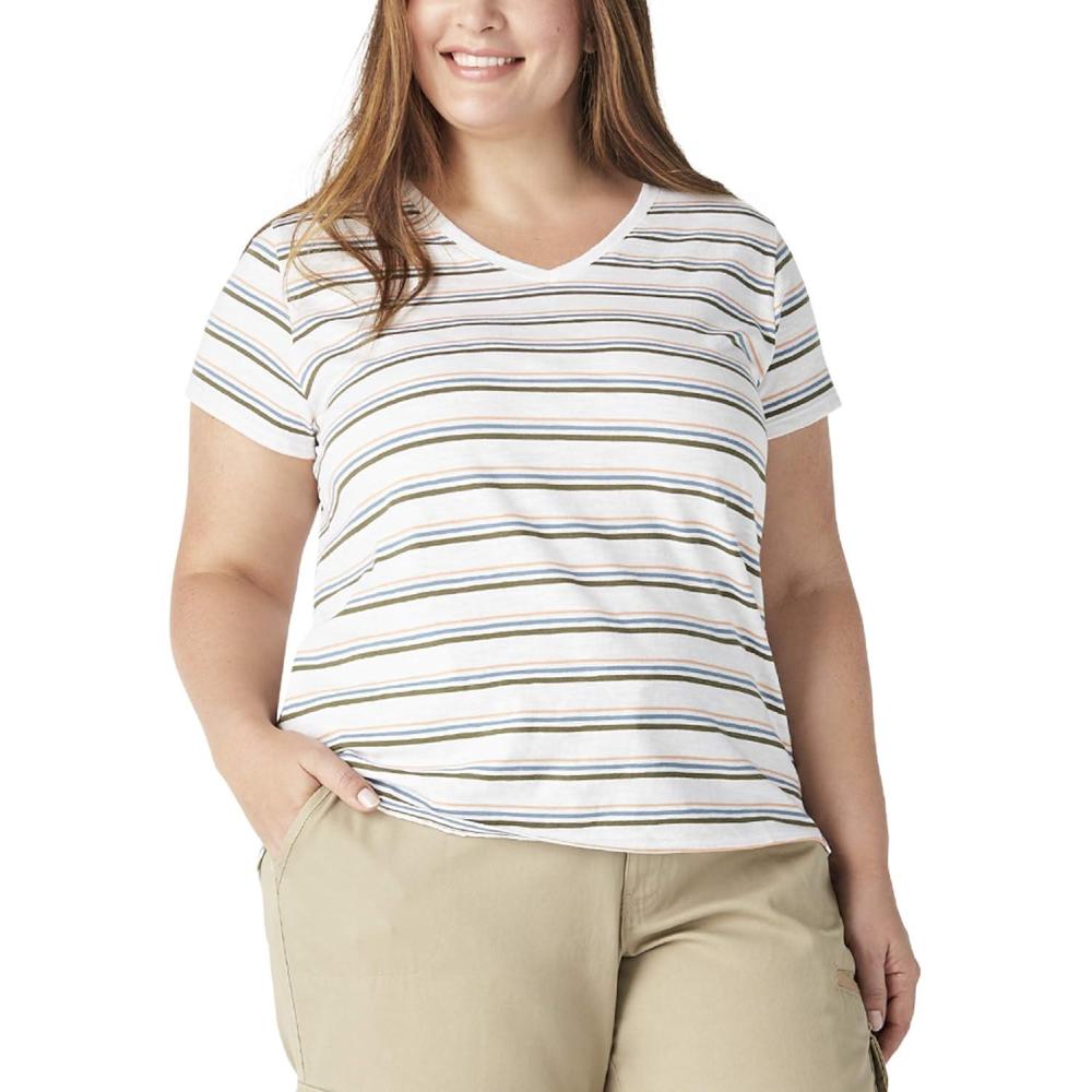 image:imageDickies Womens Womens Plus Short Sleeve VNeck TShirtWhite Multi Stripe