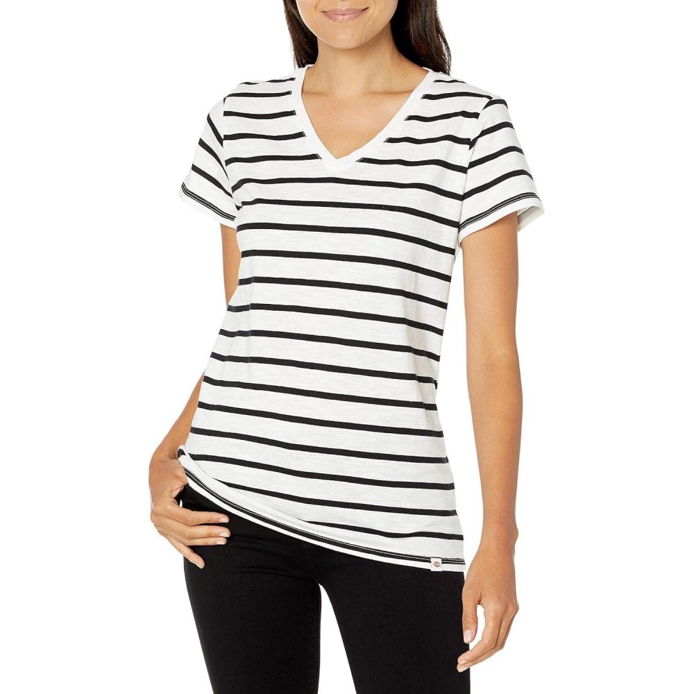 image:imageDickies Womens Womens Plus Short Sleeve VNeck TShirtWhiteBlack Stripe
