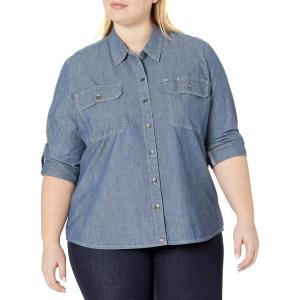 Dickies Womens Plus Size Long Sleeve Roll-tab Work Shirt(Light Stonewashed)