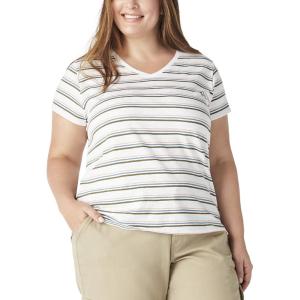 Dickies Womens Women’s Plus Short Sleeve V-Neck T-Shirt(White Multi Stripe)