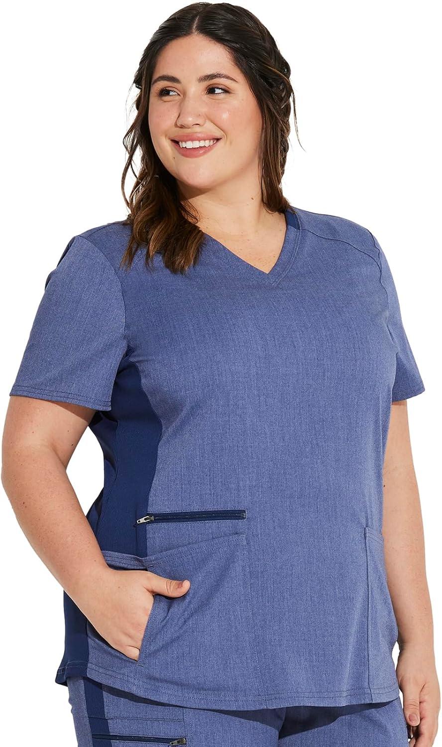 image:imageDickies VNeck Scrub Top with 5 Pockets Shirttail Hem and BiStretch Technology DK875Heather Navy