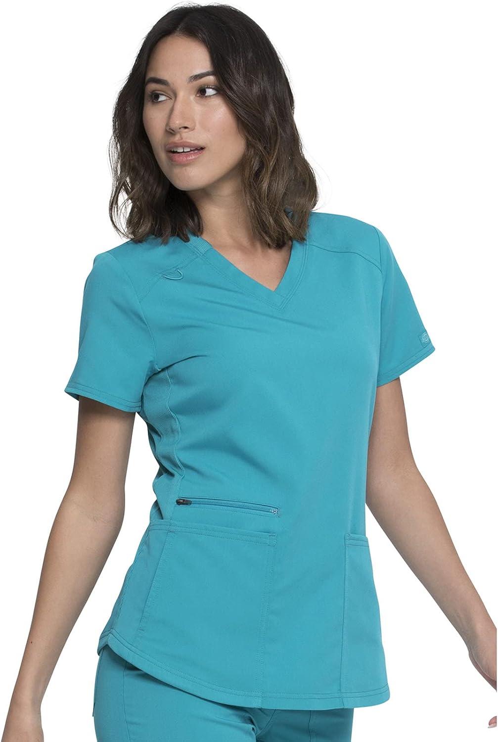 image:imageDickies VNeck Scrub Top with 5 Pockets Shirttail Hem and BiStretch Technology DK875Teal Blue