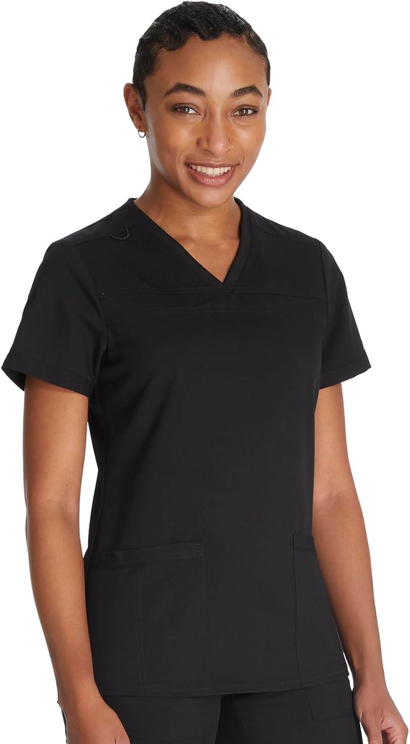 image:imageDickies Women Scrub Top VNeck with with Rib Knit Panels 2 Pockets and Bungee Loop DK870Black