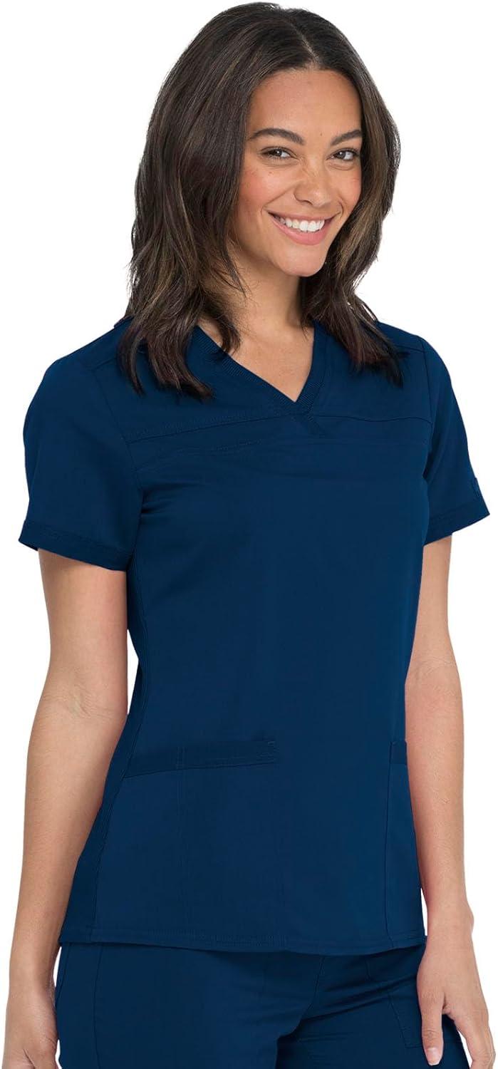 image:imageDickies Women Scrub Top VNeck with with Rib Knit Panels 2 Pockets and Bungee Loop DK870Navy
