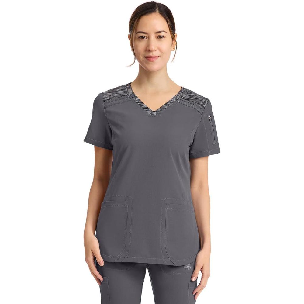 image:imageDickies Dynamix Womens Tops AthleticInspired Mlange VNeck Scrub Top with FourWay Stretch and Moisture Wicking DK740Pewter