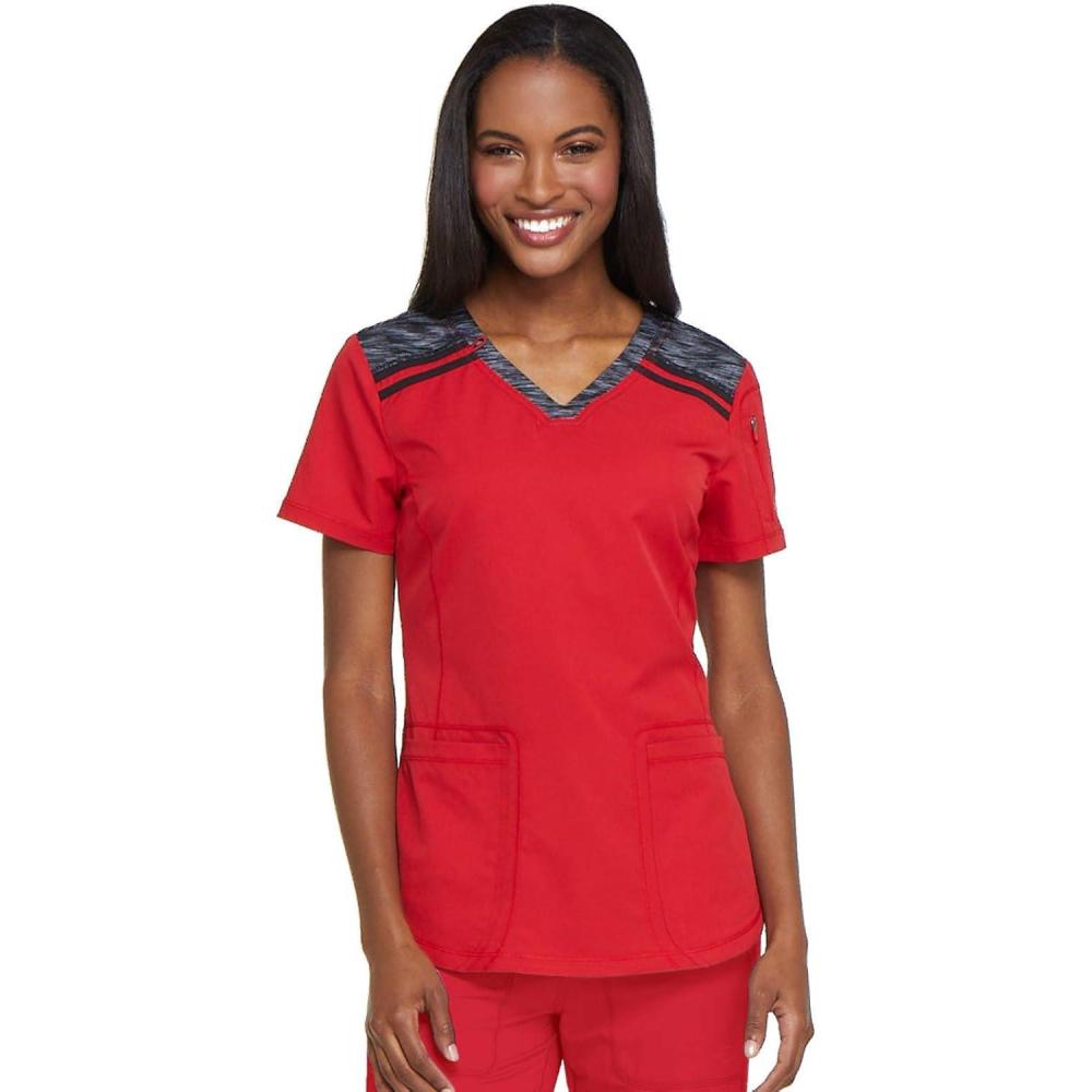 image:imageDickies Dynamix Womens Tops AthleticInspired Mlange VNeck Scrub Top with FourWay Stretch and Moisture Wicking DK740Red