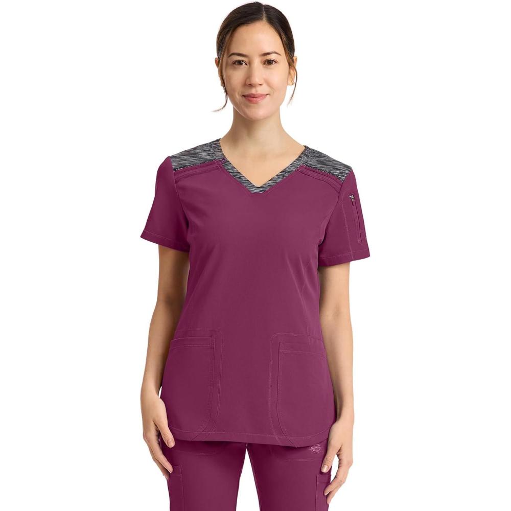 image:imageDickies Dynamix Womens Tops AthleticInspired Mlange VNeck Scrub Top with FourWay Stretch and Moisture Wicking DK740Wine