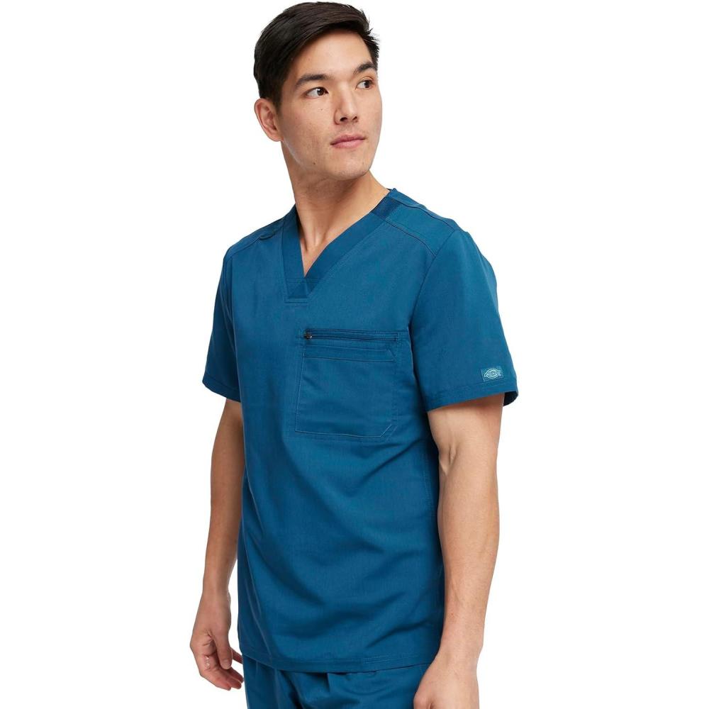 image:imageDickies Scrub Top for Men with Zip Chest Pocket Rib Knit ID Badge at 2Way Stretch Durable amp Breathable Fabric DK865Caribbean Blue