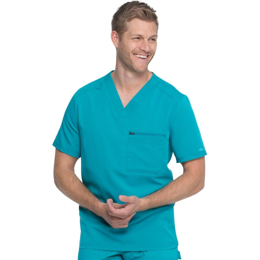 image:imageDickies Scrub Top for Men with Zip Chest Pocket Rib Knit ID Badge at 2Way Stretch Durable amp Breathable Fabric DK865Teal Blue
