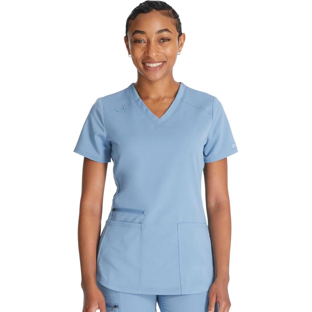 image:imageDickies VNeck Scrub Top with 5 Pockets Shirttail Hem and BiStretch Technology DK875Blue Jean