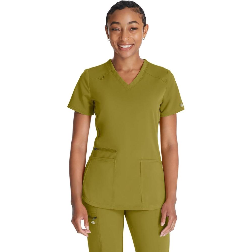 image:imageDickies VNeck Scrub Top with 5 Pockets Shirttail Hem and BiStretch Technology DK875Bronze Mist