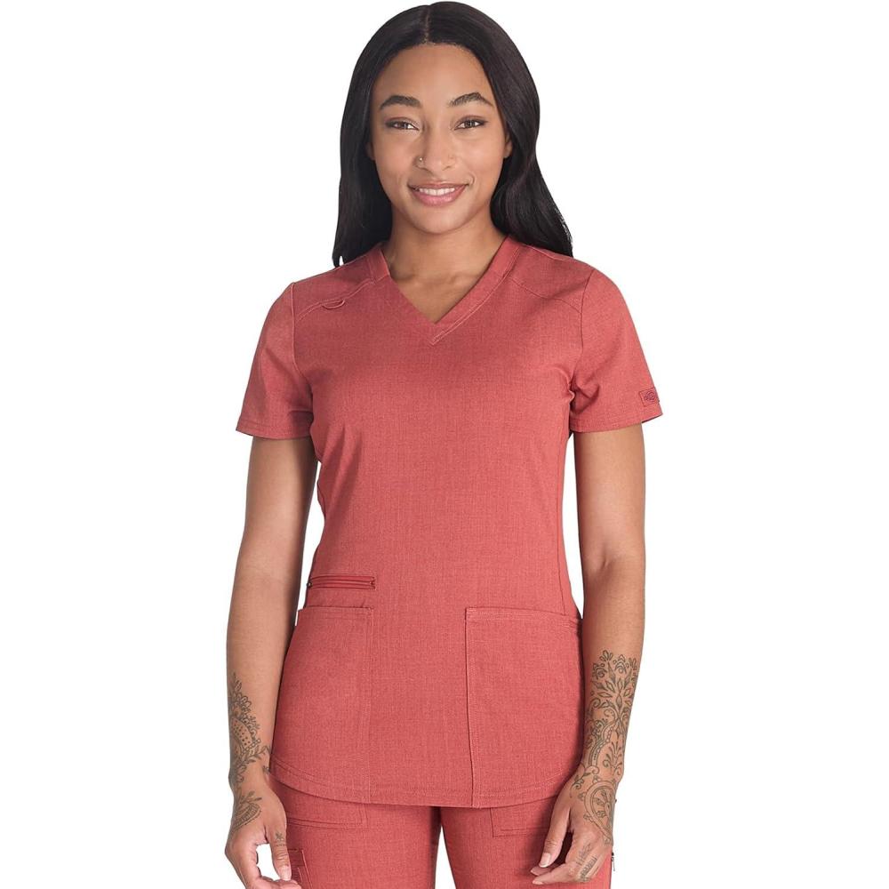image:imageDickies VNeck Scrub Top with 5 Pockets Shirttail Hem and BiStretch Technology DK875Heather Clay