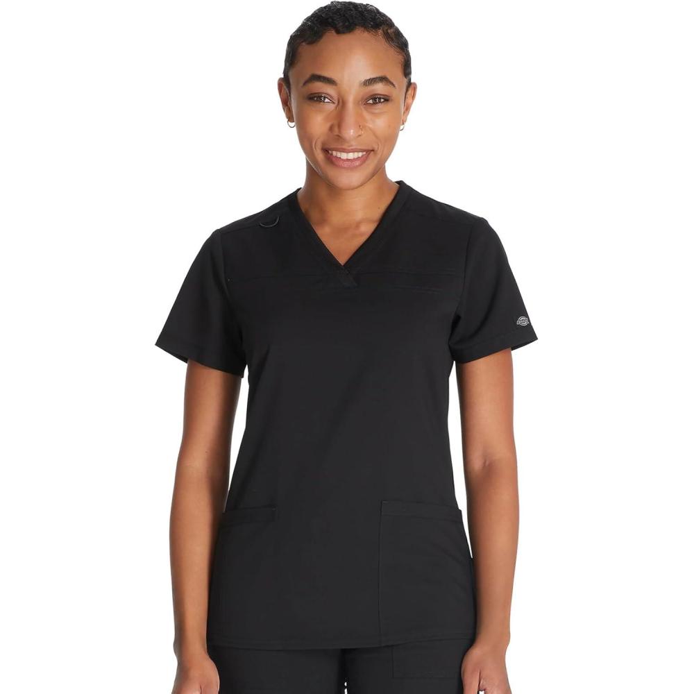 image:imageDickies Women Scrub Top VNeck with with Rib Knit Panels 2 Pockets and Bungee Loop DK870Black