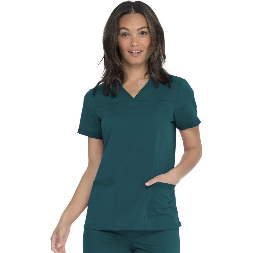 image:imageDickies Women Scrub Top VNeck with with Rib Knit Panels 2 Pockets and Bungee Loop DK870Caribbean Blue