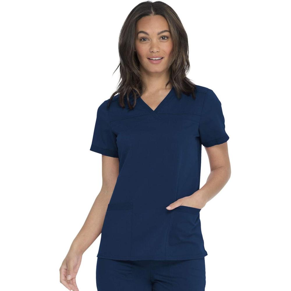 image:imageDickies Women Scrub Top VNeck with with Rib Knit Panels 2 Pockets and Bungee Loop DK870Navy