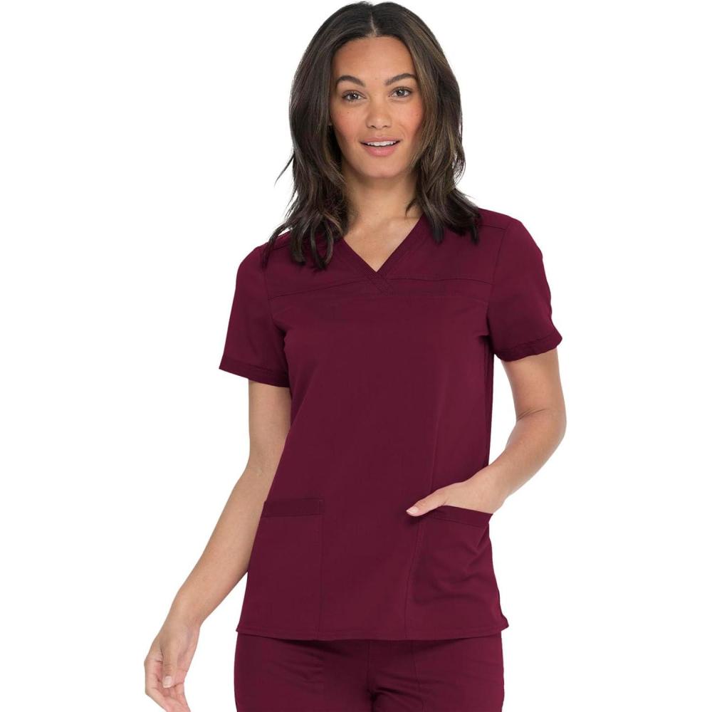 image:imageDickies Women Scrub Top VNeck with with Rib Knit Panels 2 Pockets and Bungee Loop DK870Wine