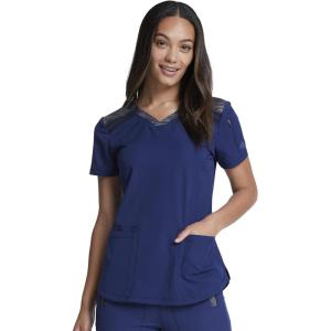 Dickies Dynamix Womens Tops, Athletic-Inspired Mélange V-Neck Scrub Top with Four-Way Stretch and Moisture Wicking DK740(Navy & Black Combo)