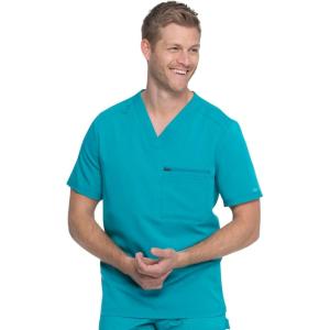 Dickies Scrub Top for Men with Zip Chest Pocket, Rib Knit, I.D. Badge at, 2-Way Stretch Durable & Breathable Fabric – DK865(Teal Blue)