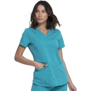 Dickies V-Neck Scrub Top with 5 Pockets Shirttail Hem and Bi-Stretch Technology DK875(Teal Blue)