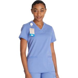 Dickies Women Scrub Top V-Neck with with Rib Knit Panels 2 Pockets and Bungee Loop DK870(Ciel)