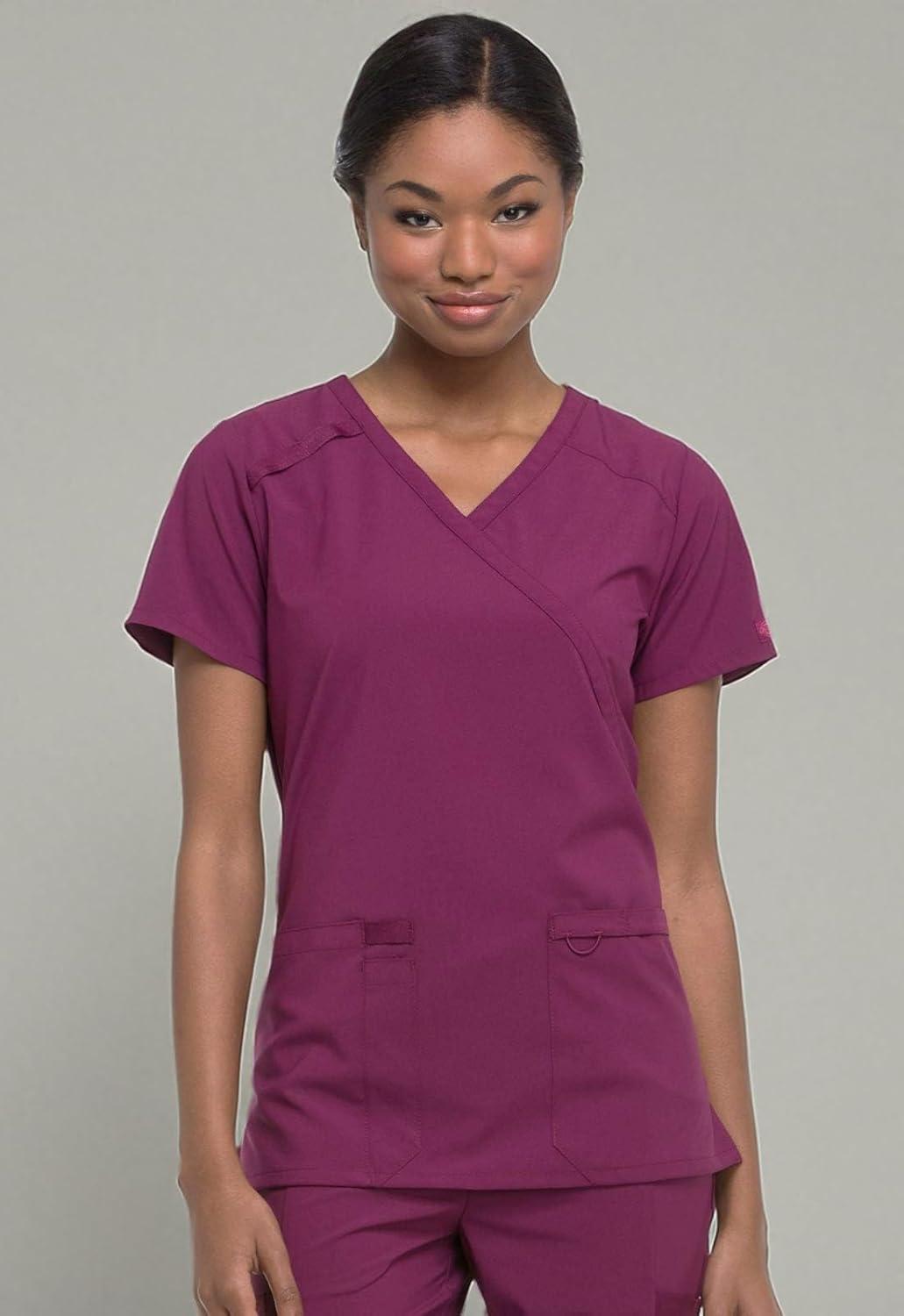 image:imageDickies EDS Essentials Mock Wrap Top Scrubs for Women with FourWay Stretch and Moisture Wicking DK625Wine