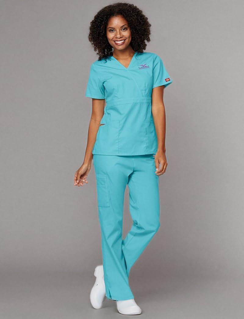 image:imageDickies EDS Signature Scrubs for Women Empire Waist Mock Wrap Top in Soft Brushed Poplin 86806Caribbean Blue