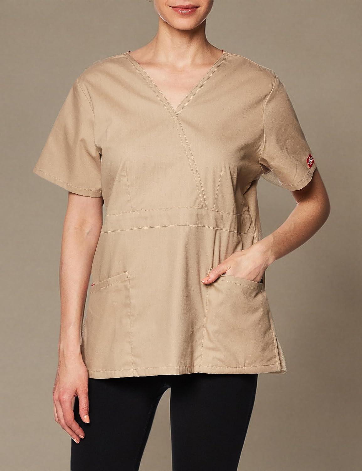 image:imageDickies EDS Signature Scrubs for Women Empire Waist Mock Wrap Top in Soft Brushed Poplin 86806Khaki