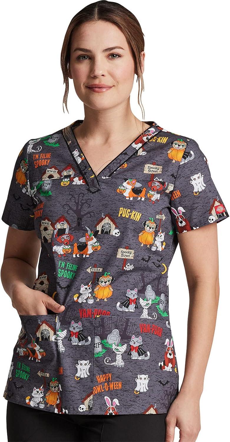image:imageDickies EDS Women Scrubs Top VNeck Print DK876Howloween Friends