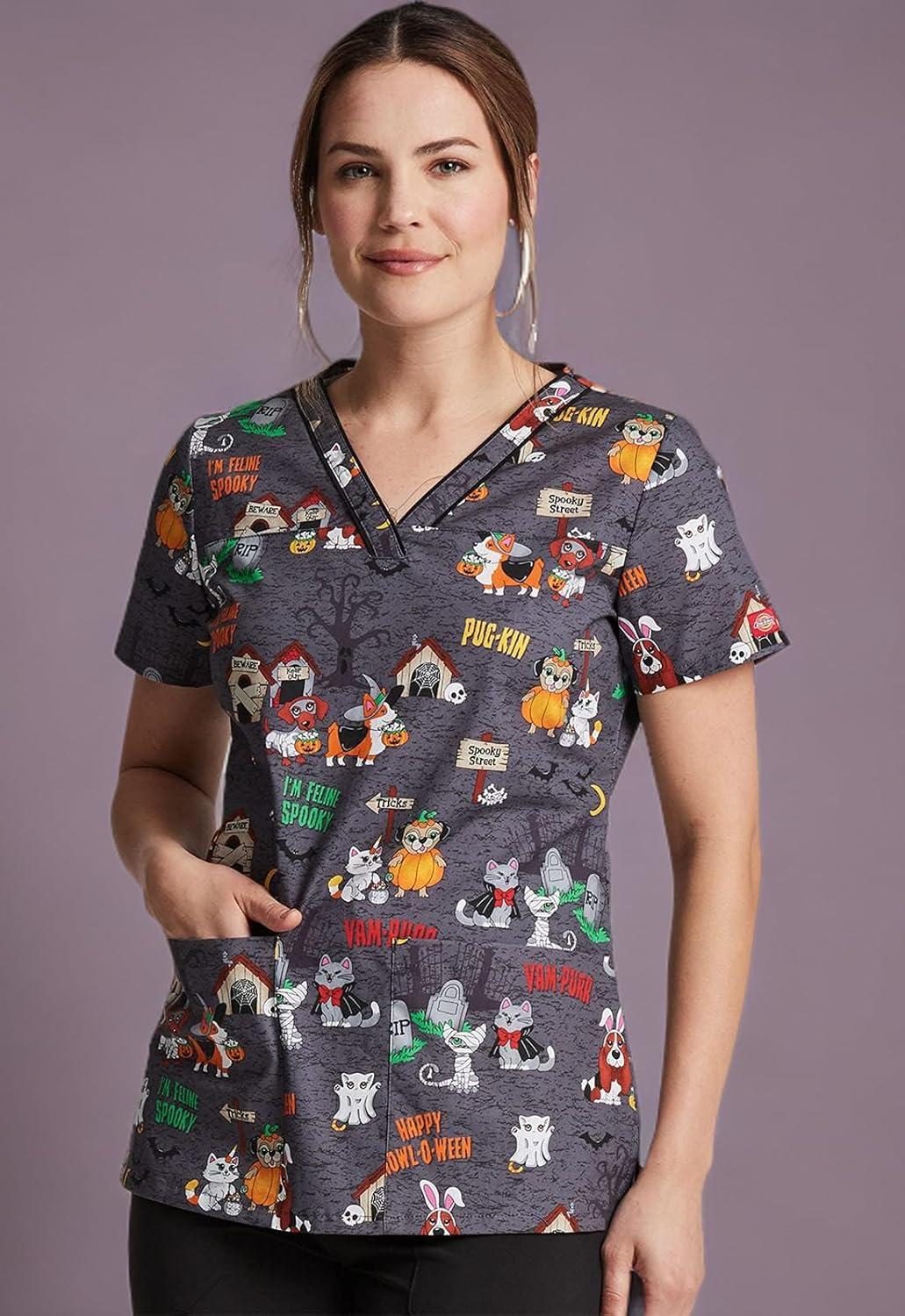image:imageDickies EDS Women Scrubs Top VNeck Print DK876Howloween Friends