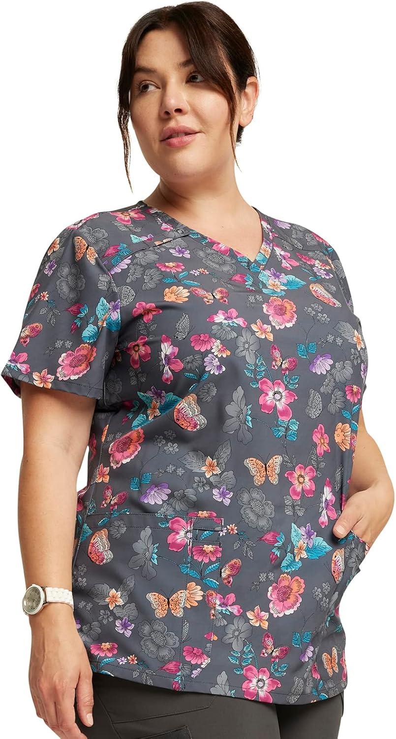image:imageDickies Womens Scrub Top Printed VNeck Medical Top with 2 Pockets Snap Tab amp Instrument Loops DK616Butterflies Abloom