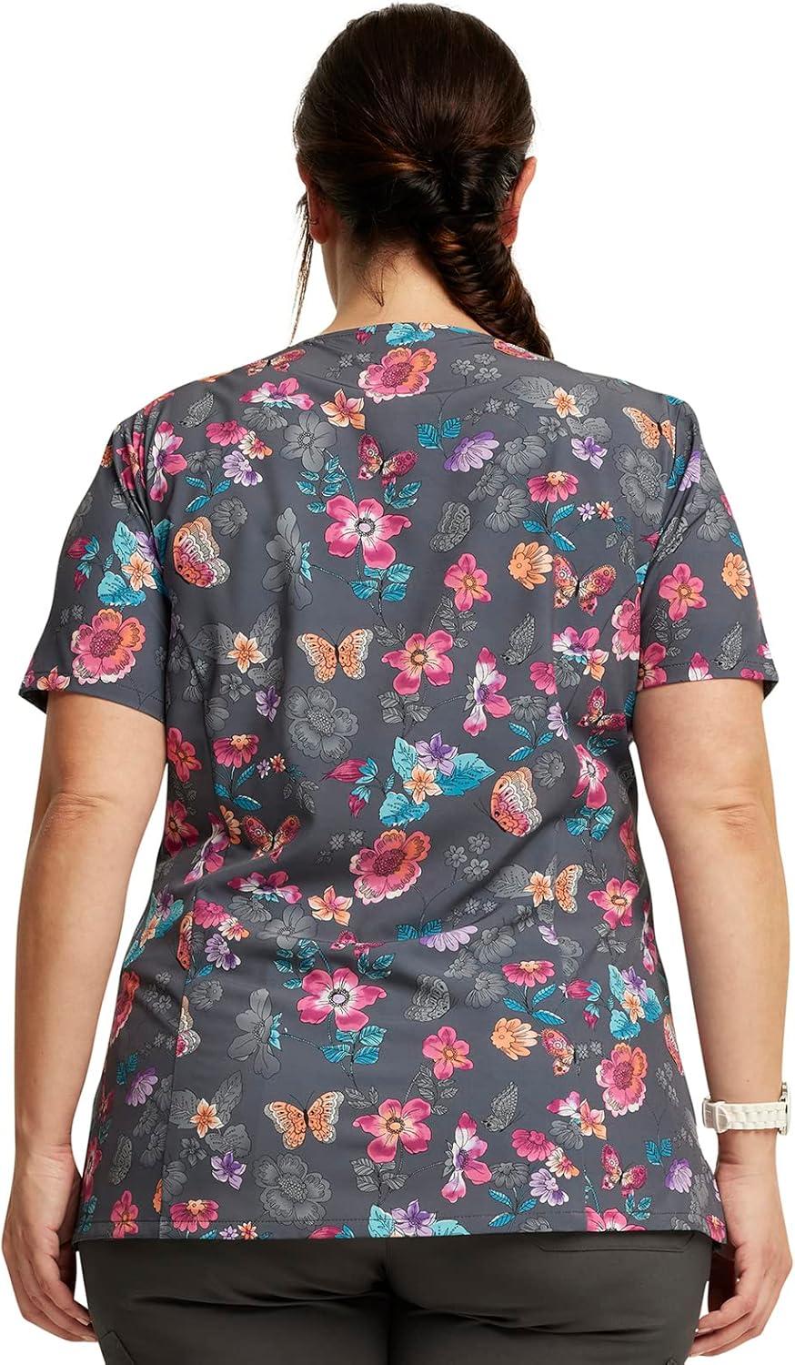 image:imageDickies Womens Scrub Top Printed VNeck Medical Top with 2 Pockets Snap Tab amp Instrument Loops DK616Butterflies Abloom