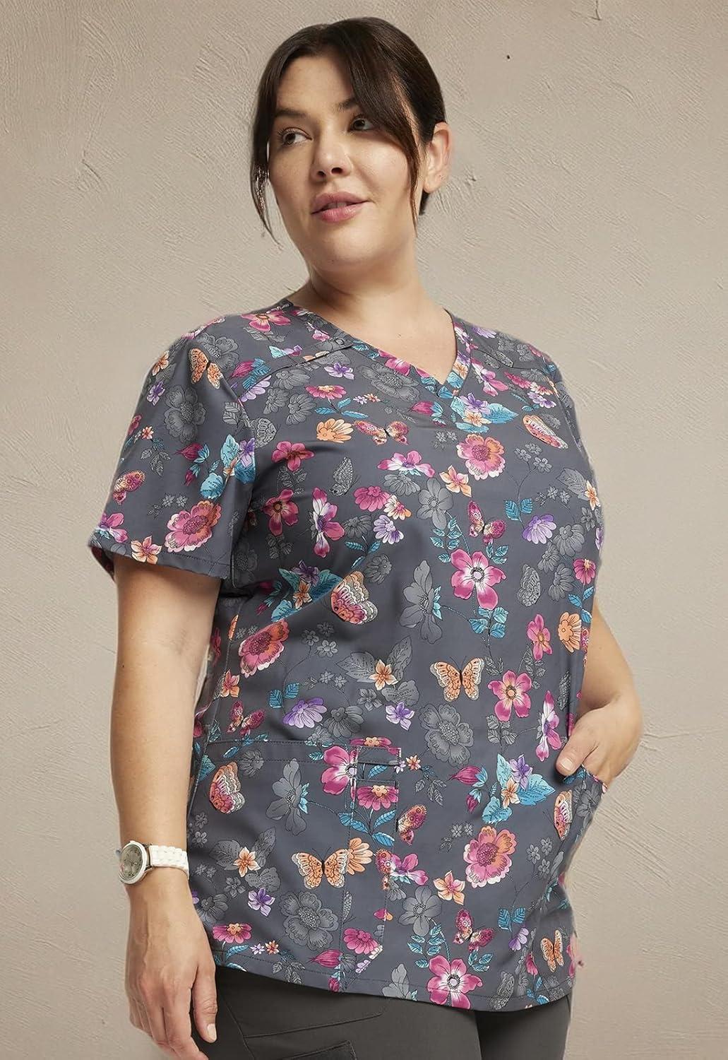 image:imageDickies Womens Scrub Top Printed VNeck Medical Top with 2 Pockets Snap Tab amp Instrument Loops DK616Butterflies Abloom