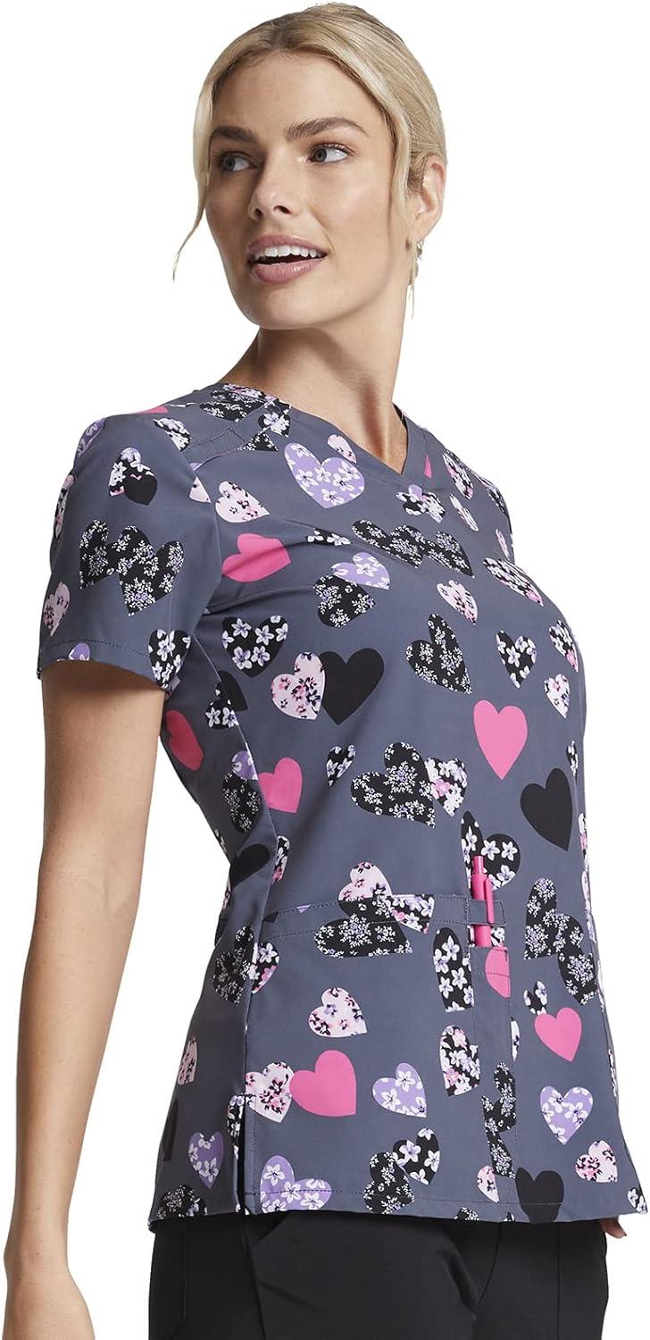 image:imageDickies Womens Scrub Top Printed VNeck Medical Top with 2 Pockets Snap Tab amp Instrument Loops DK616Loving Blooms