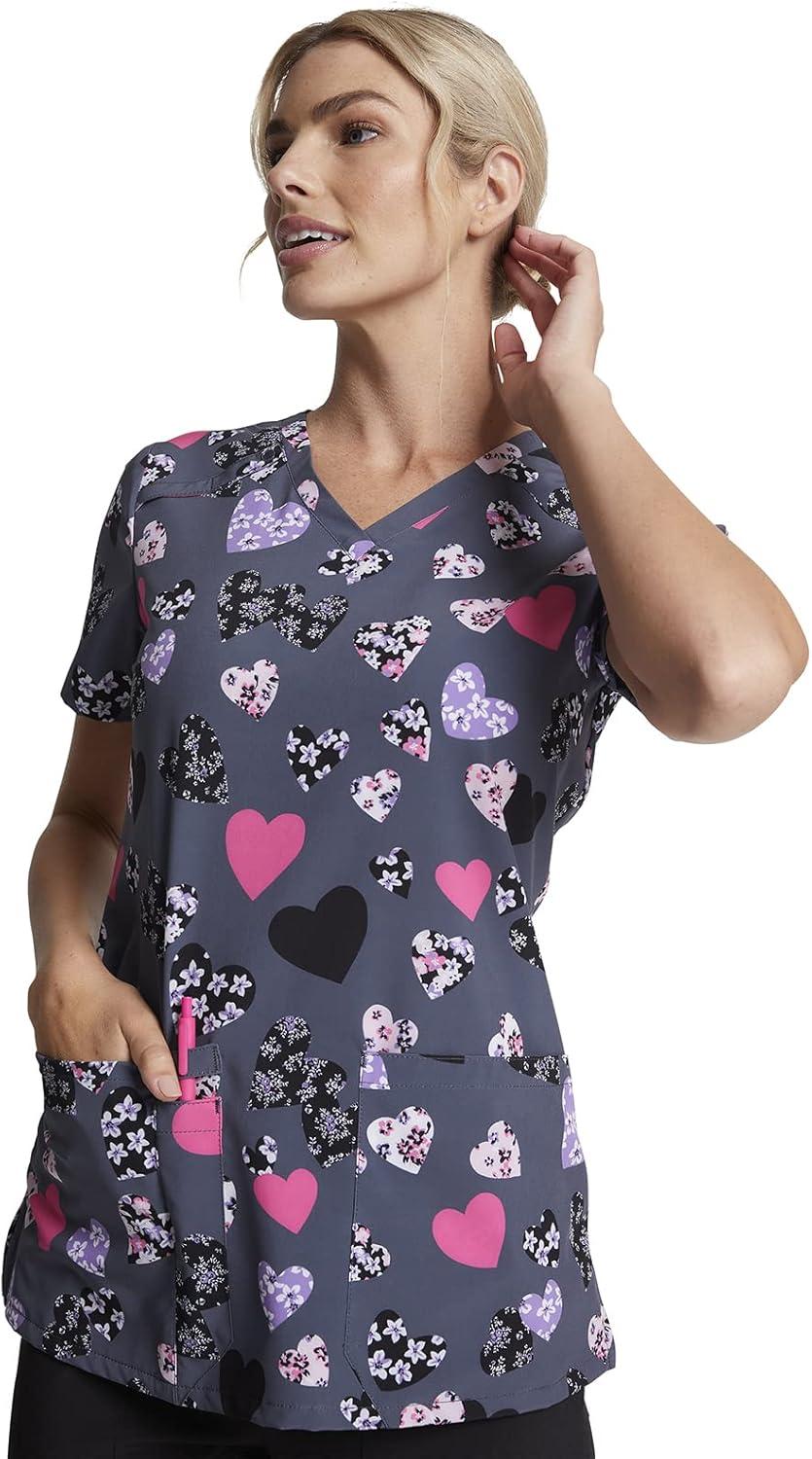 image:imageDickies Womens Scrub Top Printed VNeck Medical Top with 2 Pockets Snap Tab amp Instrument Loops DK616Loving Blooms