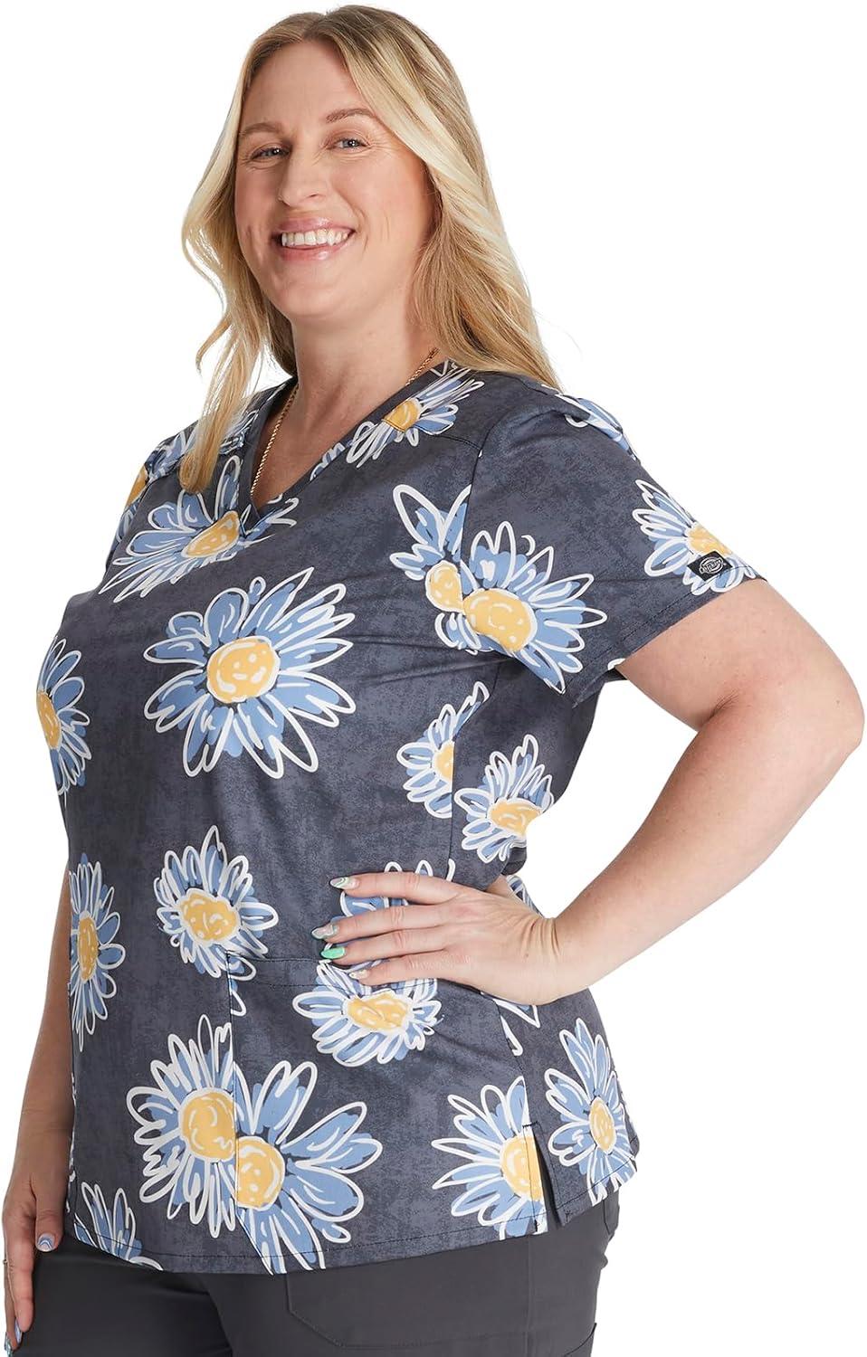 image:imageDickies Womens Scrub Top Printed VNeck Medical Top with 2 Pockets Snap Tab amp Instrument Loops DK616Sunflower Doodle