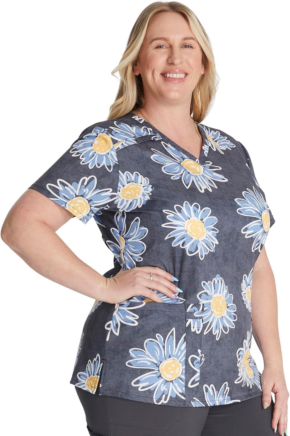 image:imageDickies Womens Scrub Top Printed VNeck Medical Top with 2 Pockets Snap Tab amp Instrument Loops DK616Sunflower Doodle