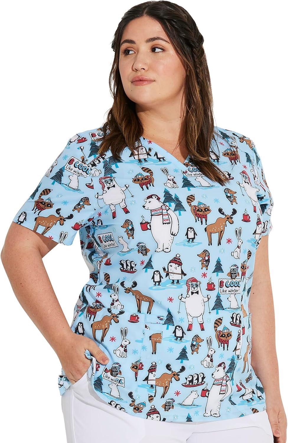 image:imageDickies Womens Scrub Top Printed VNeck Medical Top with 2 Pockets Snap Tab amp Instrument Loops DK616Wild About Winter