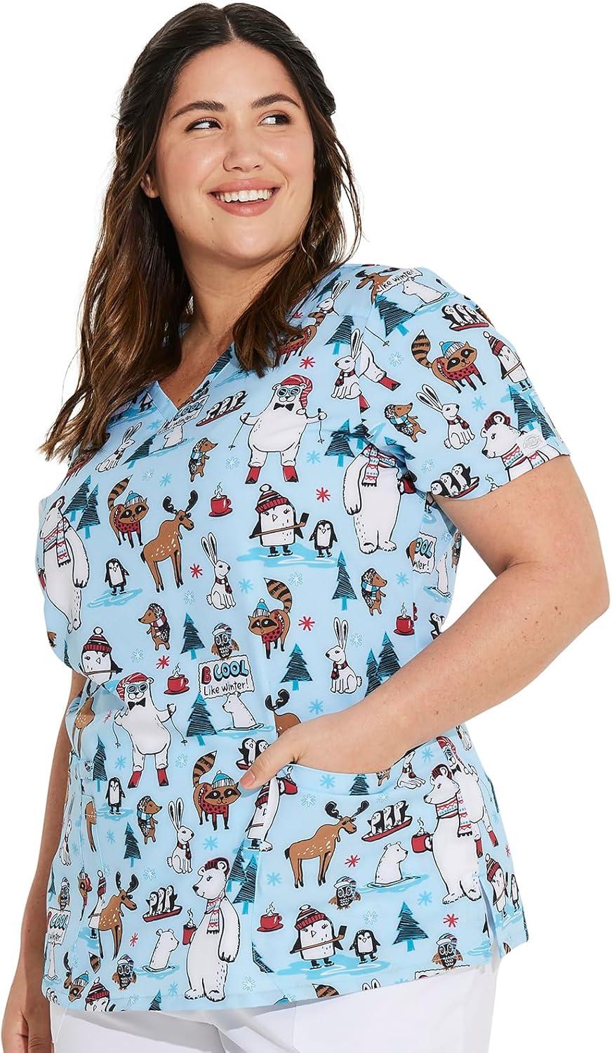 image:imageDickies Womens Scrub Top Printed VNeck Medical Top with 2 Pockets Snap Tab amp Instrument Loops DK616Wild About Winter