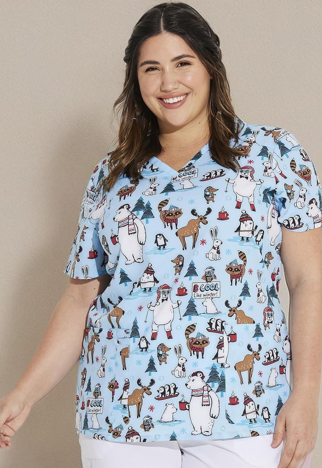 image:imageDickies Womens Scrub Top Printed VNeck Medical Top with 2 Pockets Snap Tab amp Instrument Loops DK616Wild About Winter