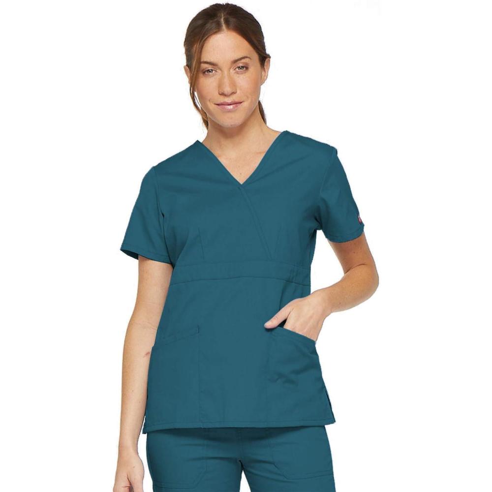 image:imageDickies EDS Signature Scrubs for Women Empire Waist Mock Wrap Top in Soft Brushed Poplin 86806Caribbean Blue