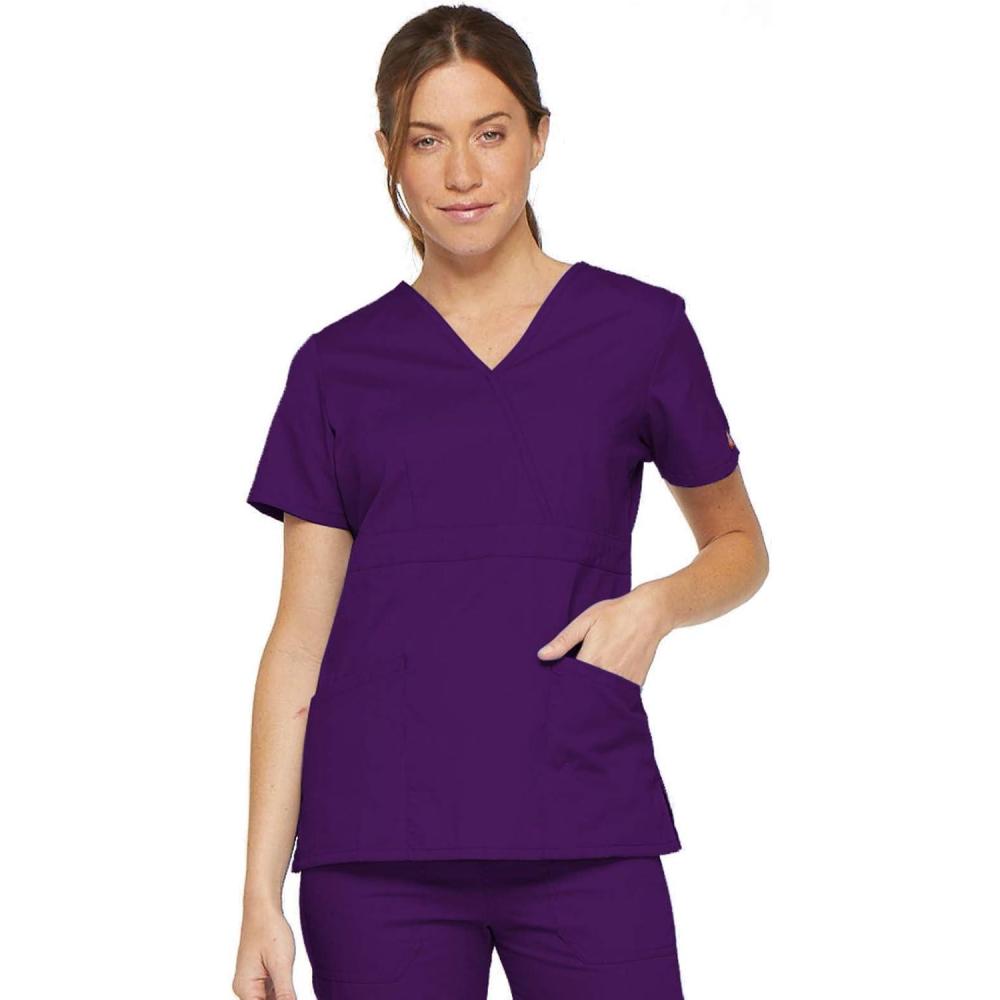 image:imageDickies EDS Signature Scrubs for Women Empire Waist Mock Wrap Top in Soft Brushed Poplin 86806Eggplant