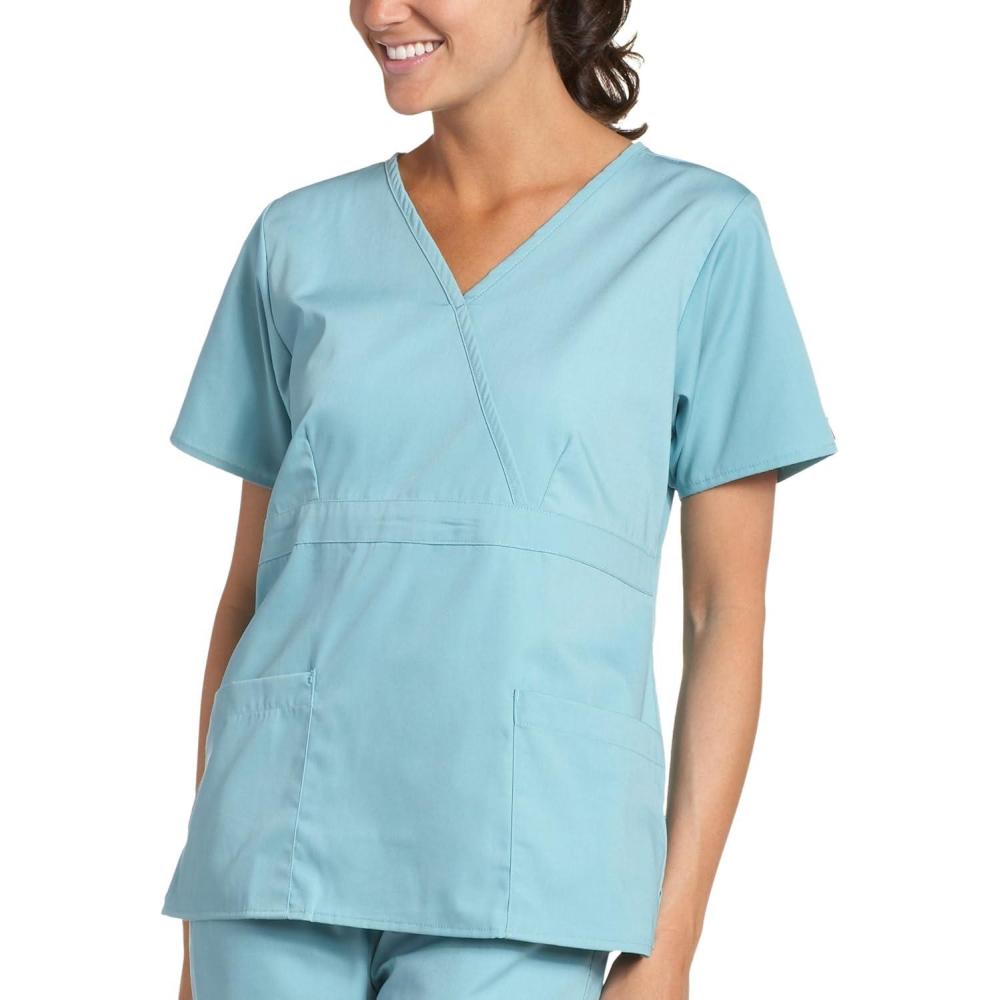 image:imageDickies EDS Signature Scrubs for Women Empire Waist Mock Wrap Top in Soft Brushed Poplin 86806Ice Blue